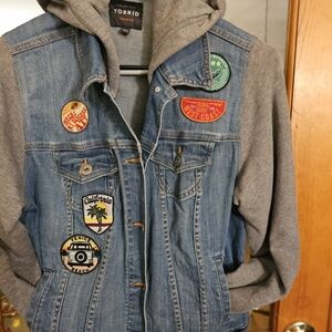 Torrid Blue Denim Jacket with Gray Hood and Patches